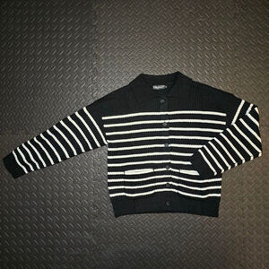 Women's MEROKEETY Black & White Striped Cardigan S
